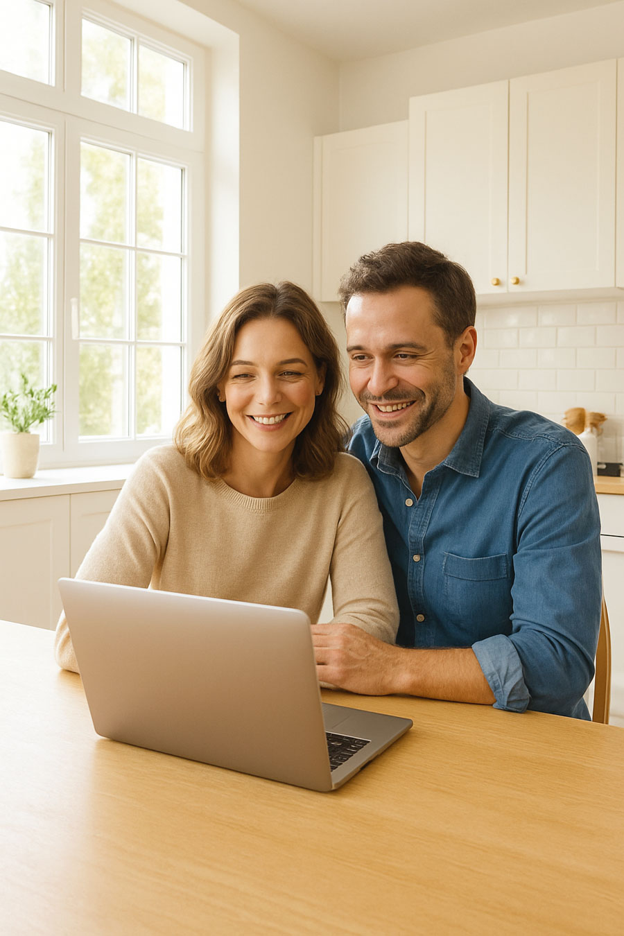 couple-installé-dans-une-cuisine-qui-étudie-des-proposition-planstone-devant-un-ordinateur