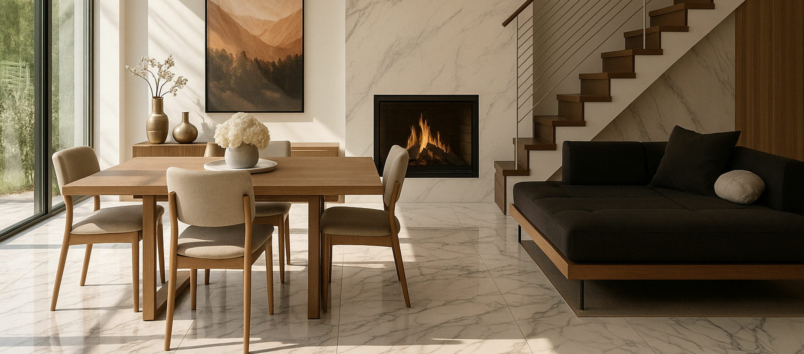 salon-aménagé-moderne-ambiance-marron-et-blanc-avec-revêtements-de-sol-et-mur-en-pierre-veinée-claire-planstone