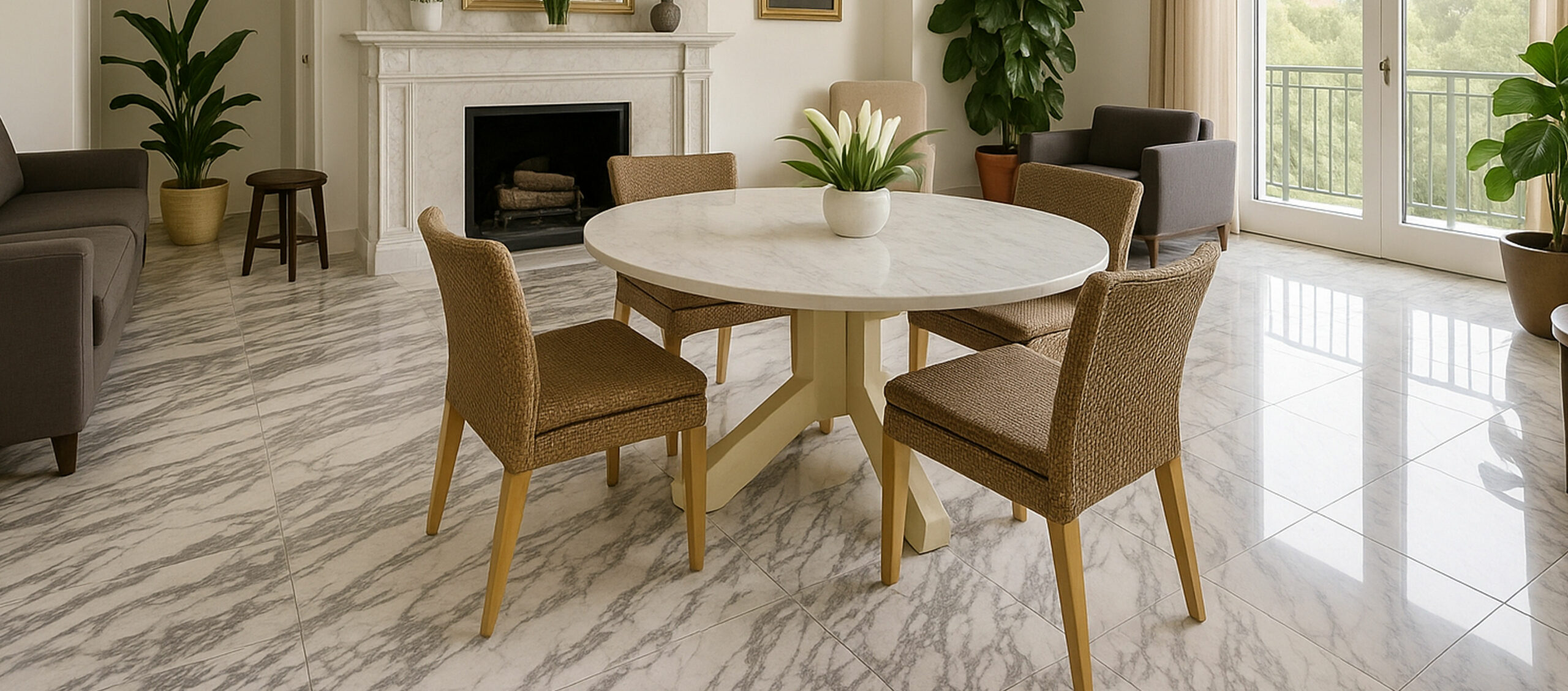 salon-aménagé-moderne-avec-table-ronde-en-granit-clair-et-revêtements-de-sol-en-pierre-veinée-claire-planstone