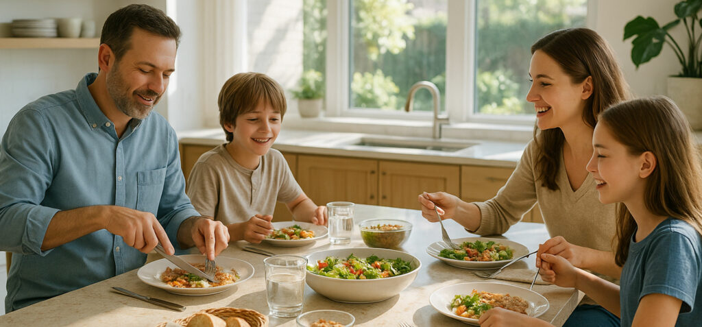 Cuisine moderne avec îlot en pierre naturelle, espace de convivialité familiale