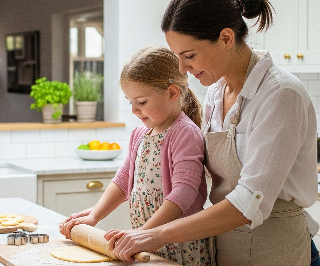 complicité-entre-mère-et-fille-cuisine-en-pierre-naturelle complicité entre mère et fille dans une cuisine moderne en pierre naturelle