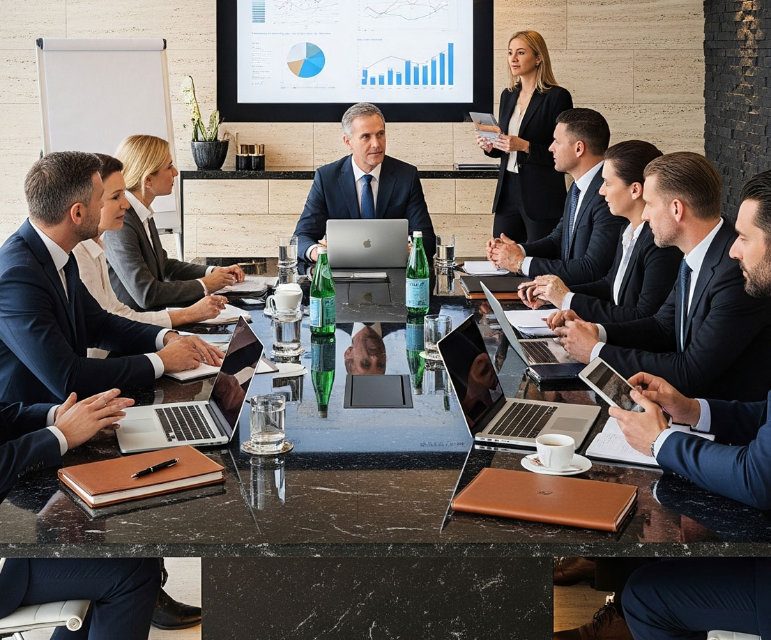 salle-de-réunion-professionnelle-avec-plan-de-travail-en-pierre-naturelle salle de réunion professionnelle avec un large plan de travail en pierre naturelle élégant