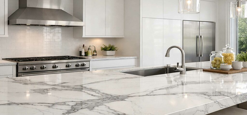 Plan de travail en quartz blanc veiné style Calacatta dans cuisine contemporaine