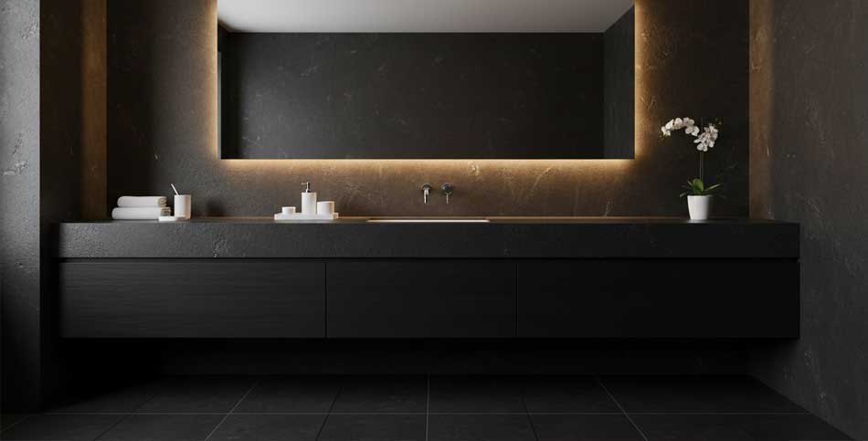 Salle de bain minimaliste avec revêtement en granit noir Zimbabwe finition cuir, choix des designers scandinaves