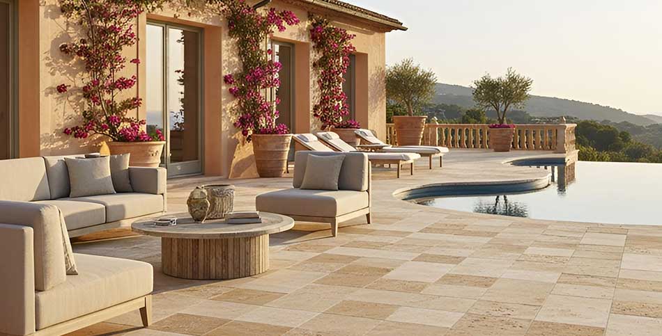 Terrasse et plage de piscine en travertin beige tambouriné, pierre naturelle plébiscitée par les architectes pour l'extérieur