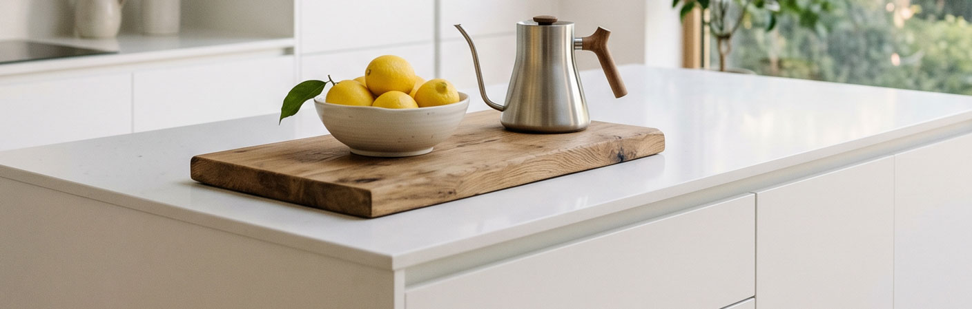 Plan de travail en quartz blanc poli dans une cuisine moderne minimaliste avec crédence en pierre.