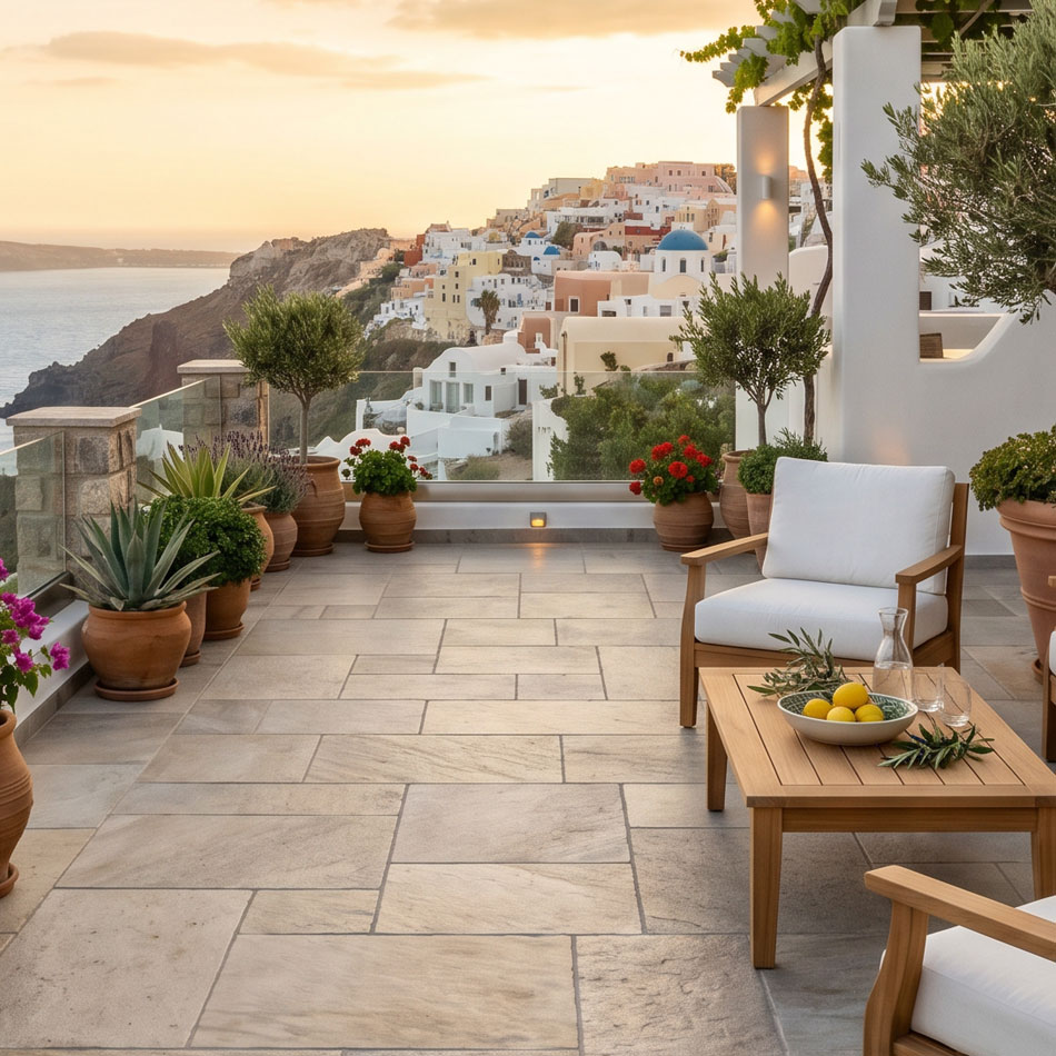 Sol de terrasse extérieure en grandes dalles de quartzite gris avec mobilier en bois et plantes méditerranéennes