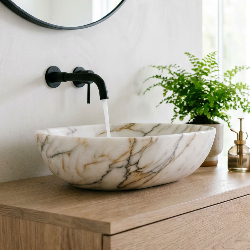Vasque à poser en quartzite naturel aux veines dorées dans une salle de bain contemporaine minimaliste.