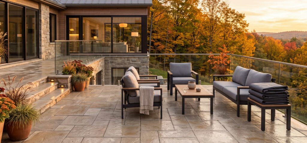 Terrasse en pierre naturelle préparée pour l'hiver au coucher du soleil