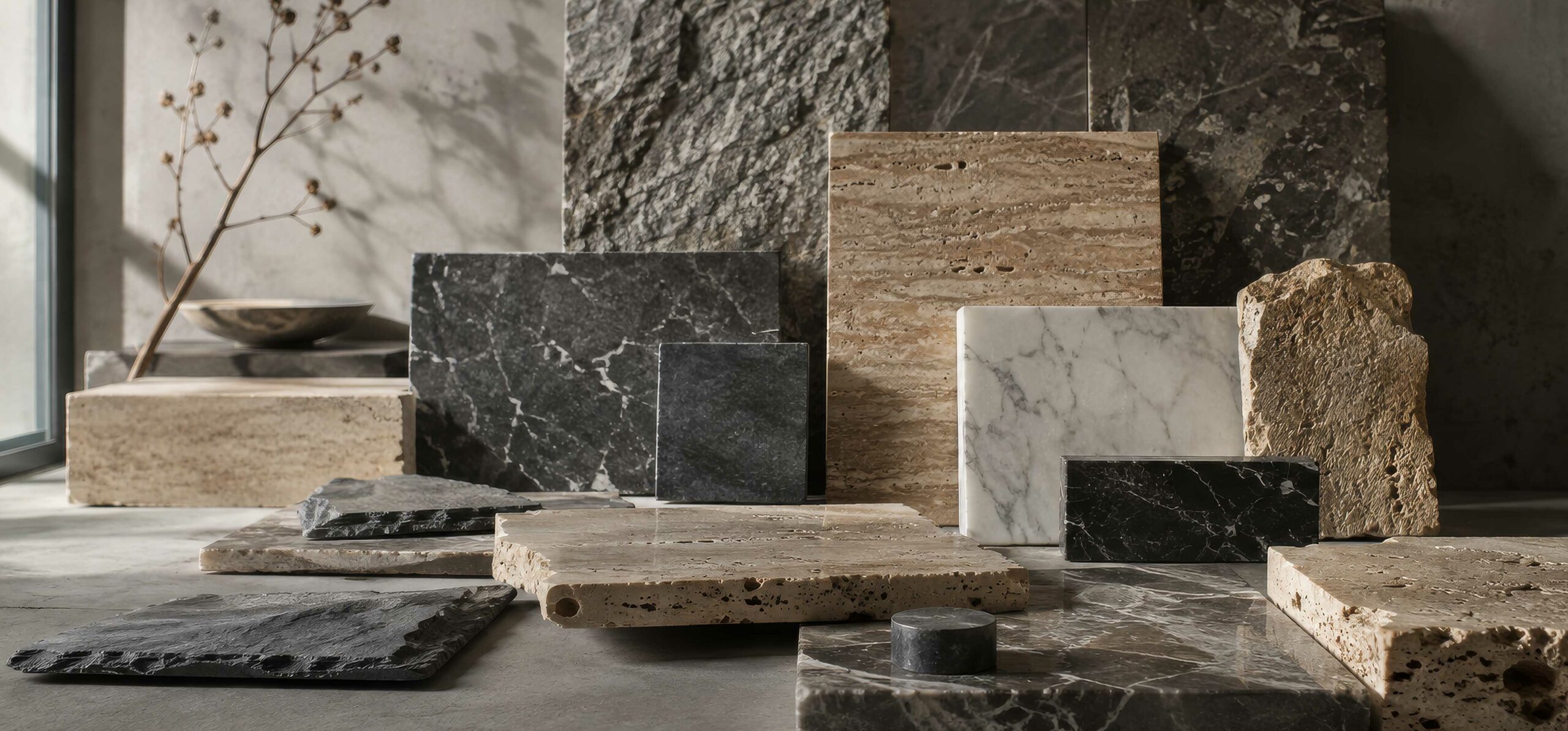 Composition de pierres naturelles aux textures variées évoquant la symbolique de la pierre dans le design contemporain