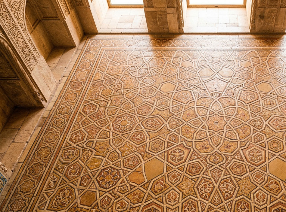 Sol en pierre aux motifs géométriques raffinés inspirés de l'artisanat oriental