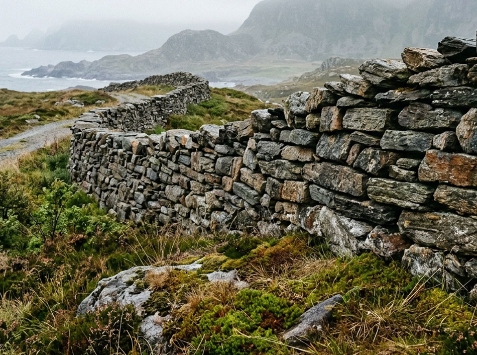 Mur en pierre sèche empilée dans un paysage nordique brut évoquant l'authenticité et le lien avec la nature