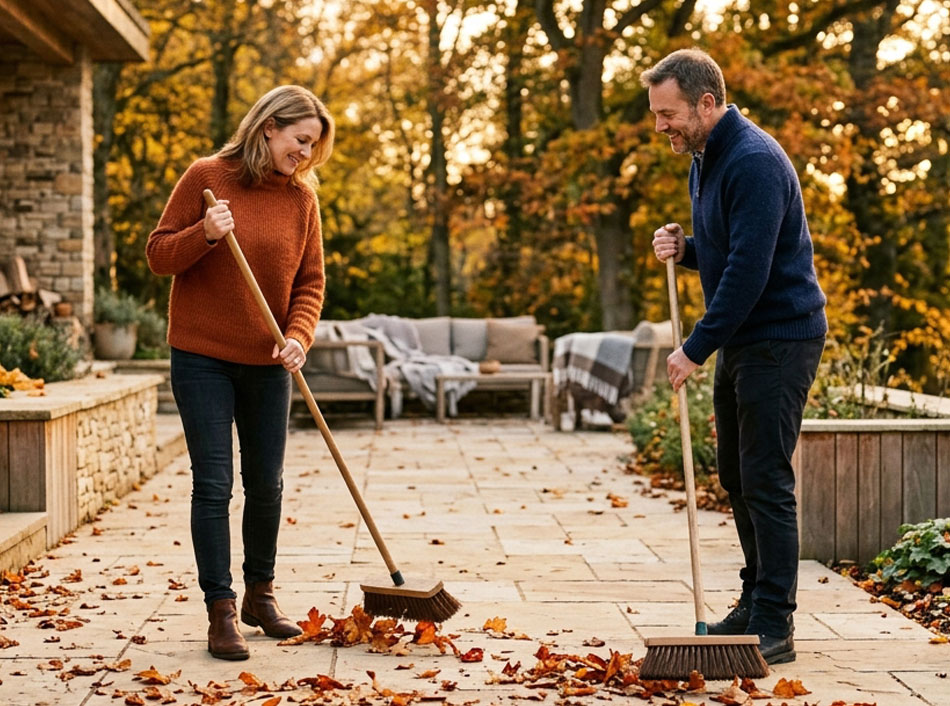 Couple nettoyant une terrasse en pierre naturelle à l'automne